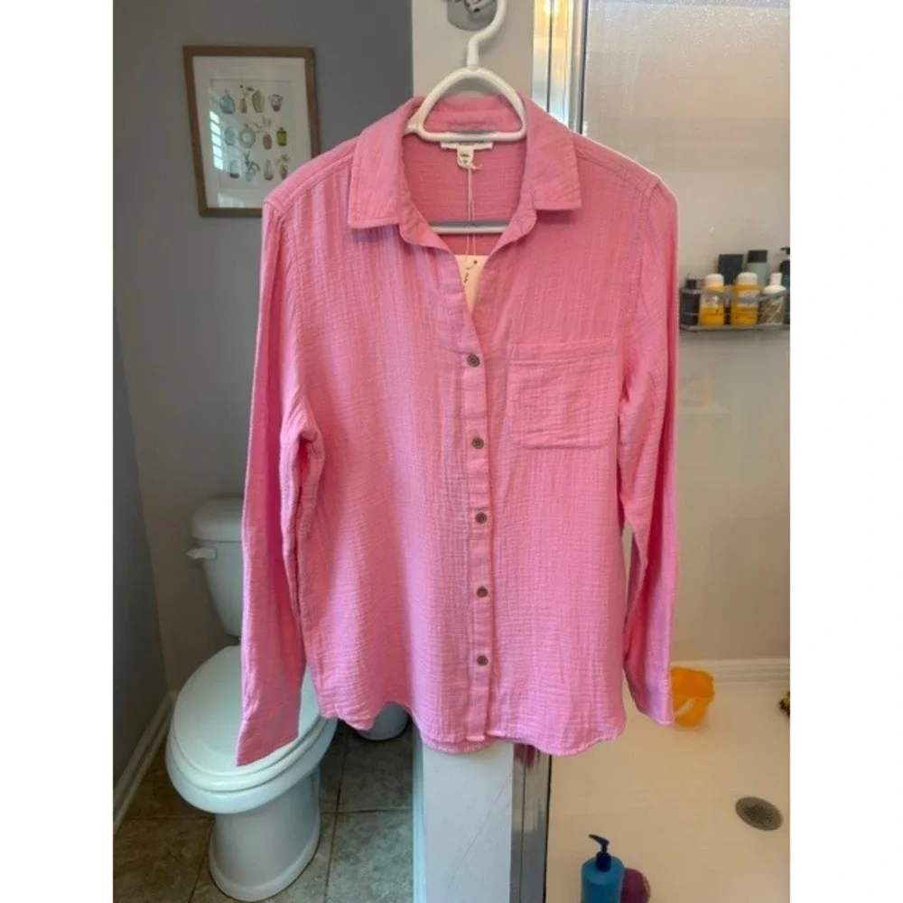 BeachLunchLounge Women's S Pink Cotton Gauze Button Down Shirt Beach Casual